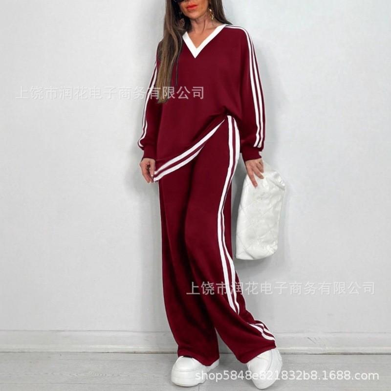 1116 trendy brand spring and autumn new fashion casual V-neck striped trousers long-sleeved crew neck suit women's clothing