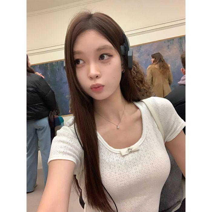 Bow Print U-Neck Short Sleeve Knitted Slim Fit Women's Bodycon Top