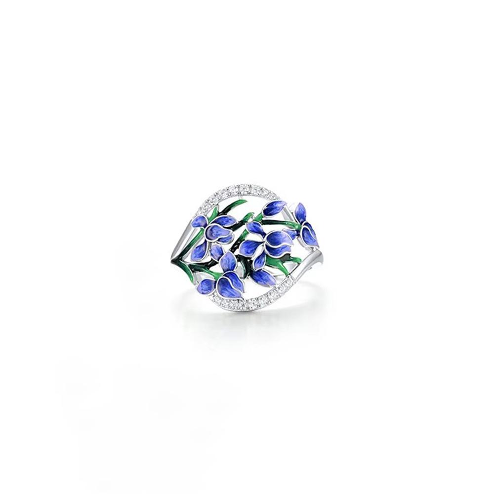 Handgefertigter Emaille-Blaublumen-Funkelnder Temperament-Ring für Damen, Banquet-Teilnahme, Eleganter High-End-Schmuck und Accessoires