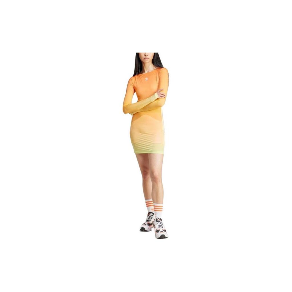 Adidas Originals Logo Print Striped Slim Fit Short Sleeve Dress Women Dresses Orange JF8266