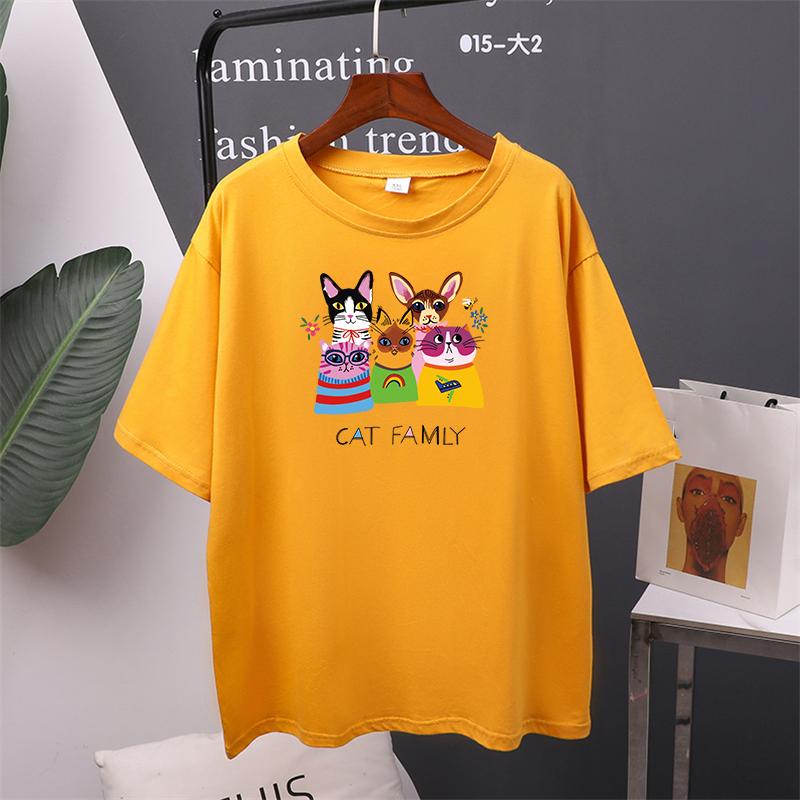 Cat Family Printed Cotton Cartoon T Shirts Women Summer Harajuku Kawaii Loose Tees for Girl Short Sleeve Casual Female Tops
