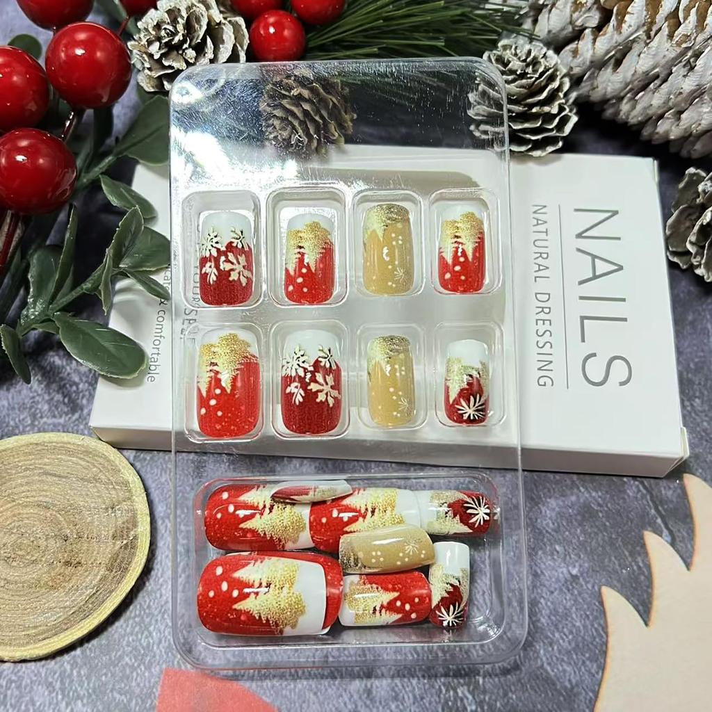 Christmas Press On Nails Medium Square Fake Nails with Gold Snowflake Christmas Tree Designs Xmas Red False Nail Acrylic Winter Snow Stick On Nail