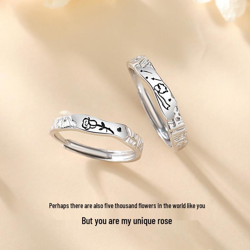 Kleiner Prinz & Rose Sterling Silber 999 Partnerringe - Koreanischer Stil, Hochwertige gehammerte Textur, Verstellbar.