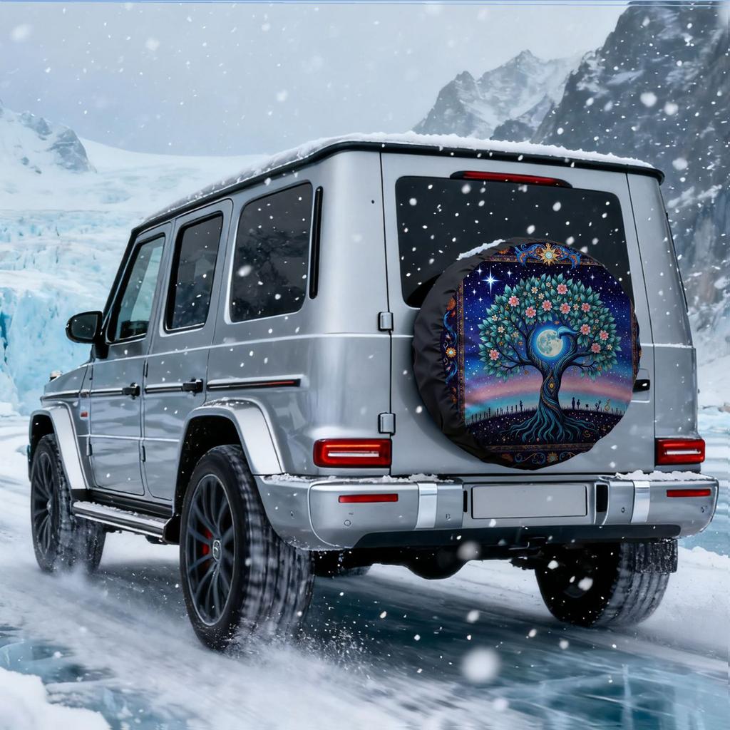 Tire Cover With A Dreamy Starry Sky Tree Pattern, Made Of Polyester Fiber, Decorative Spare Tire Cover, Dustproof Tire Cover For