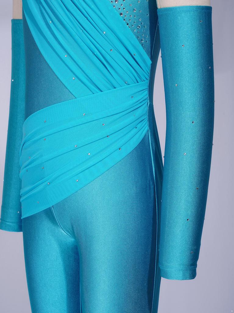 Girls Sparkly Rhinestone Dance Bodysuit Sleeveless U Back Mesh Overlay Ruched with Detachable Arm Sleeves for Gymnastics Competition