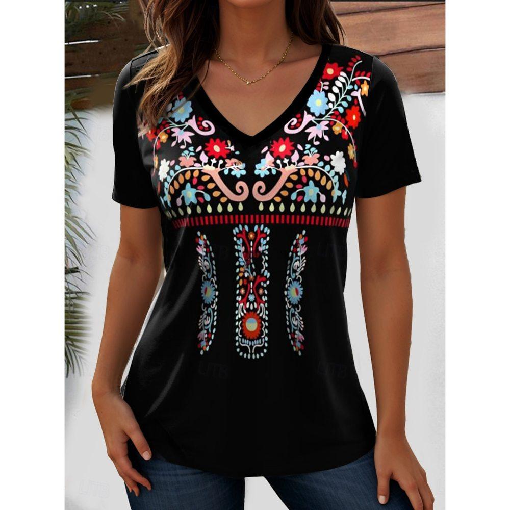 T-shirt da Donna Stile Grafico Retrò Abbigliamento Moda Stampa 3D Moda Estiva Top Scollo a V Largo Manica Corta Maglietta