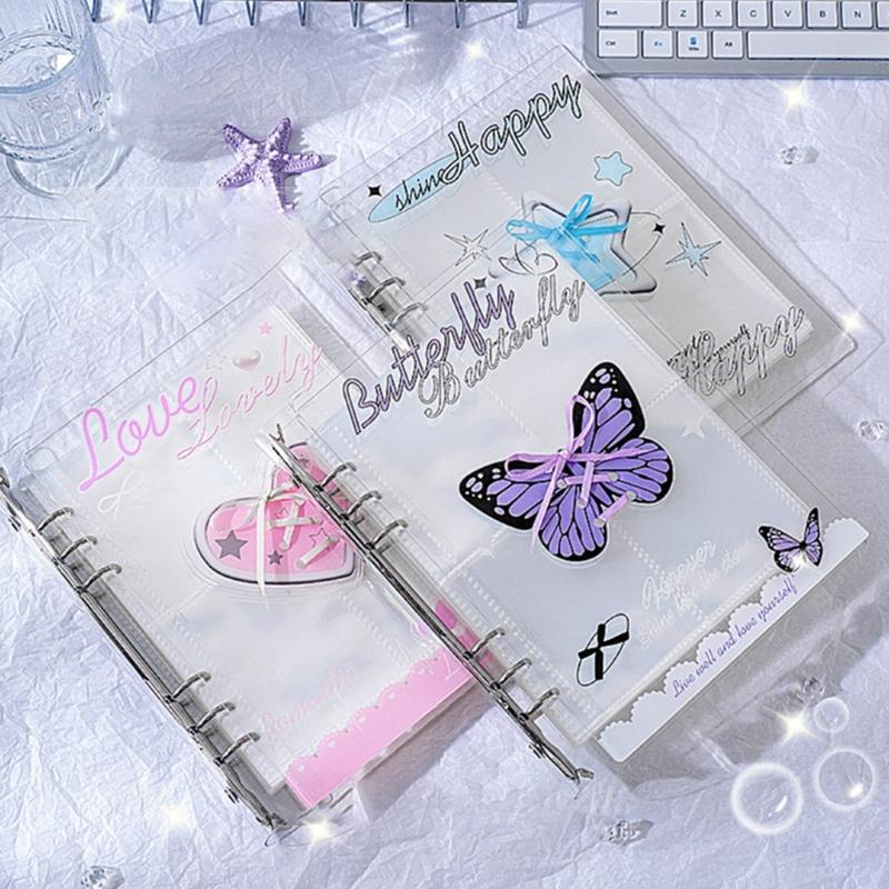 Elegantes Acryl-Fotoalbum mit 4 Fächern pro Seite 6 Ringe Schleifen-Ordnerdeckel Kartenhalter Sammlerbuch