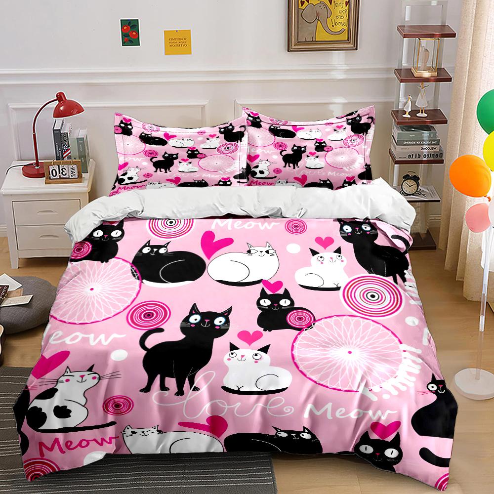 Multiple Sizes Pink Cats With Hearts Pattern Bedding Set 1 Duvet Cover 2 Pillowcases For Adult Children Luxury Gift Full Size