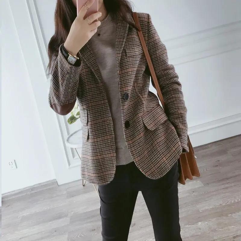 Women Spring British Style Plaid Blazer Lady Slim Patchwork Single Breasted Business Outwear