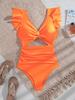 European & American Black Ruffle V-Neck Cut-out One-Piece Swimsuit for Women - Sexy, Slimming Beach Vacation Wear