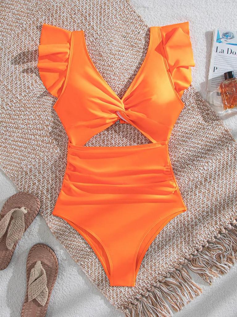 European & American Black Ruffle V-Neck Cut-out One-Piece Swimsuit for Women - Sexy, Slimming Beach Vacation Wear