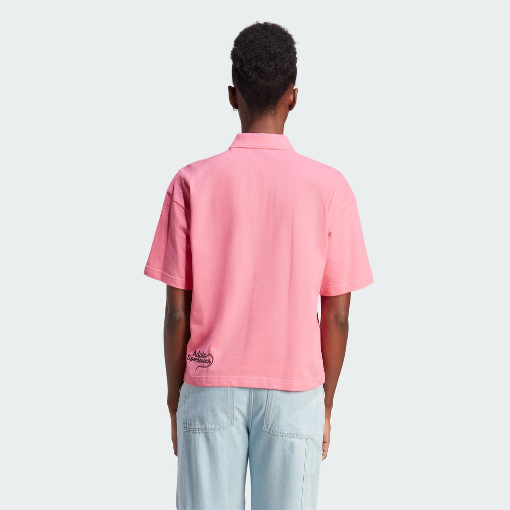 Adidas Scribble Graffiti Pattern Loose Fit Casual Short Sleeve Polo Shirt Women Pink Black IJ8745