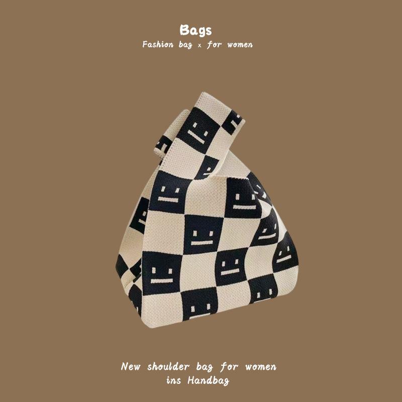 Ins Trendy Handbag Women'S Knitted Wool Bucket Bag Hand Carry Casual Tote Bag Box Lunch Bag