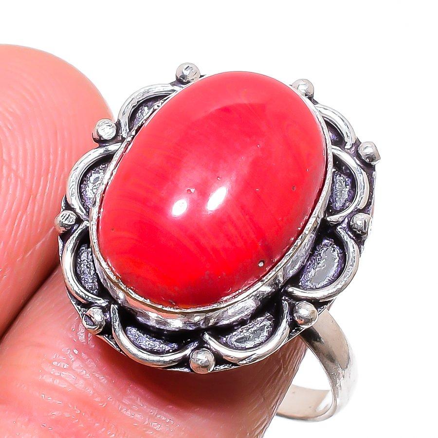 

Natural Red Coral Gemstone 925 Sterling Silver Jewelry Ring Size 9.5 E4h36