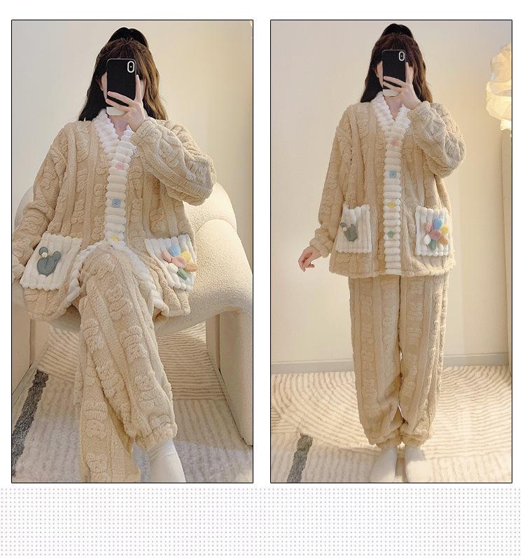 Women’s Winter Coral Fleece Pajama Set - Long Sleeve Flannel Cardigan, Thick Warm Plus Size Home Wear