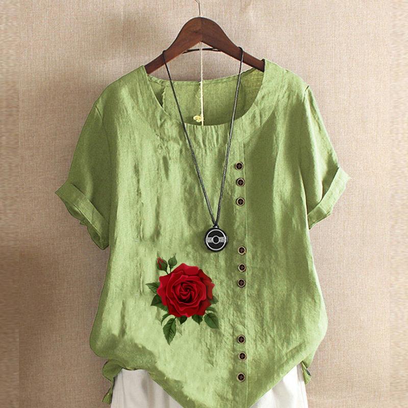 

Женская модная футболка с круглым вырезом и коротким рукавом с принтом роз, повседневная рубашка из хлопка и льна с рисунком, свободная летняя блузка для отдыха, топы 5XL зелёный