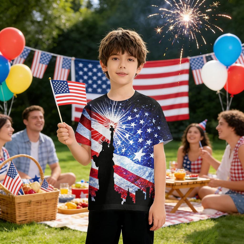 Kids Independence Day Print Round Neck Short Sleeve Casual T-shirt