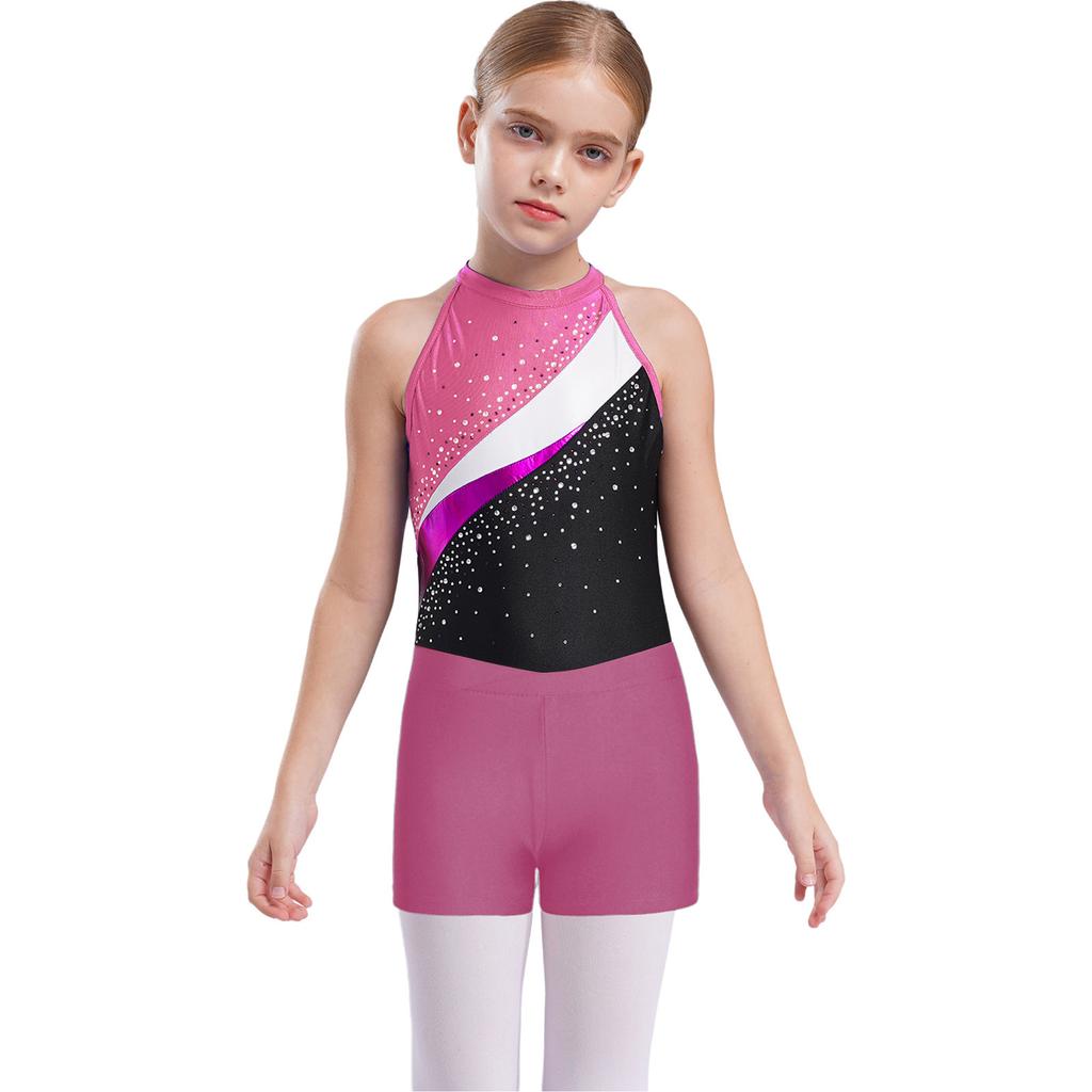 Girls Sleeveless Rhinestones Decorated Patchwork Leotard Hair Band V Front Waistband Shorts Gymnastics Training Dance Set