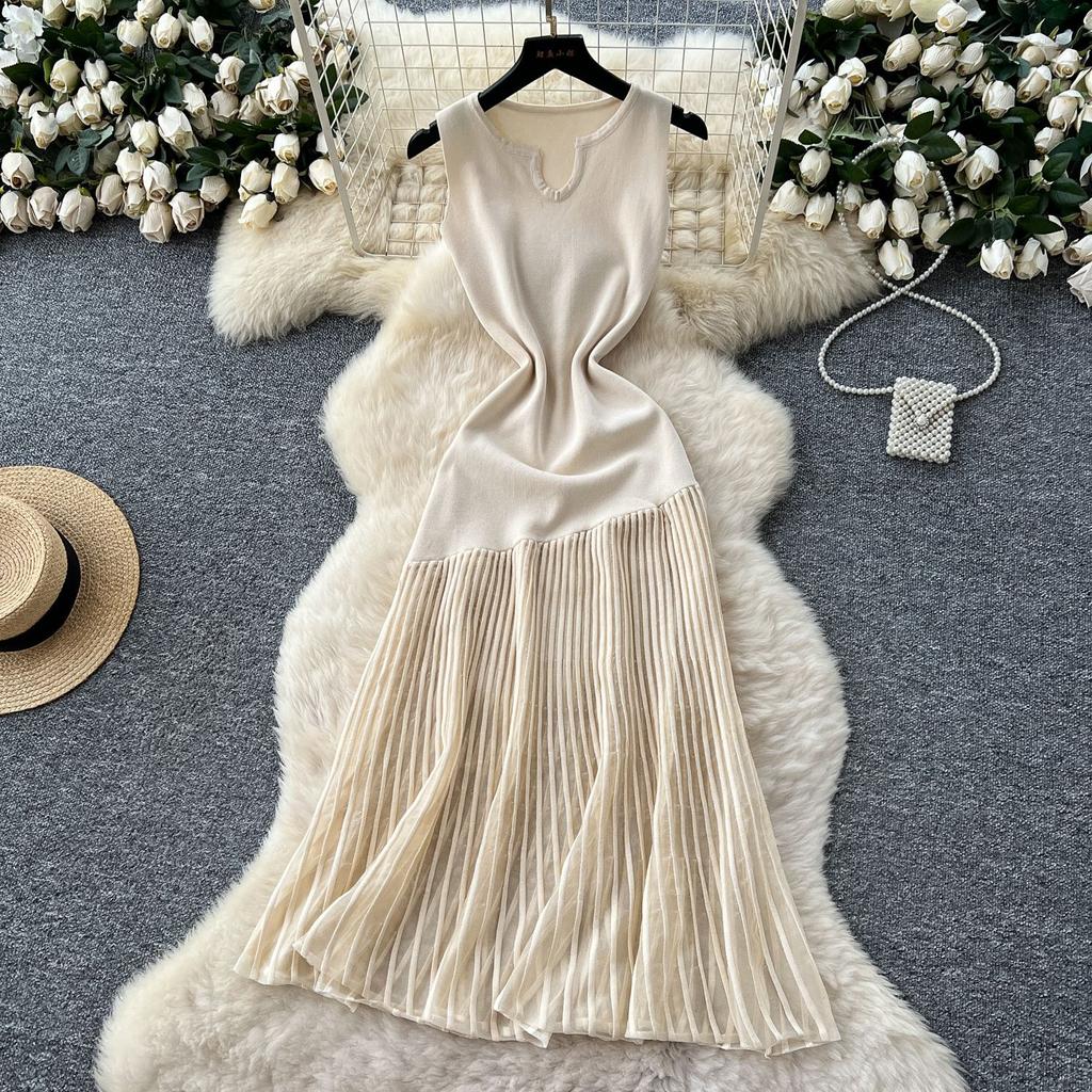 High-end Knitted Splicing Irregular Mesh Dress Women's Summer French Waist and Thin Temperament Sleeveless Long Dress