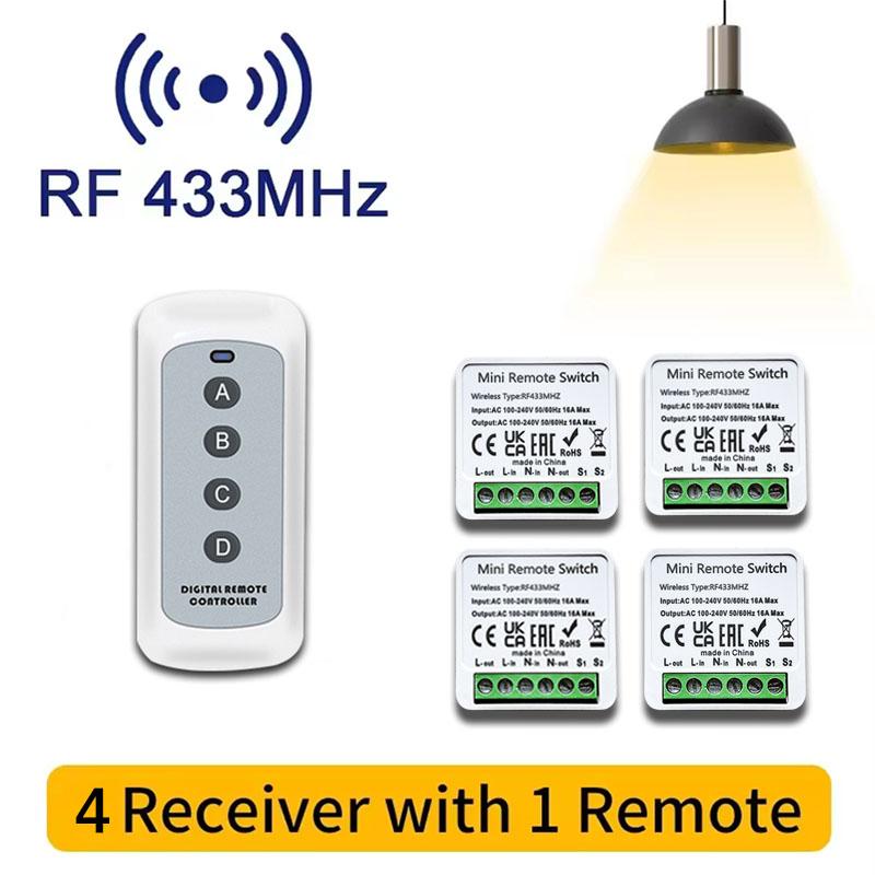 RF 433MHZ Wireless Light Switch 16A Relay Breaker 4 Key Remote Control Switch For Smart Home LED Lamp Wall Garage Doors Switch