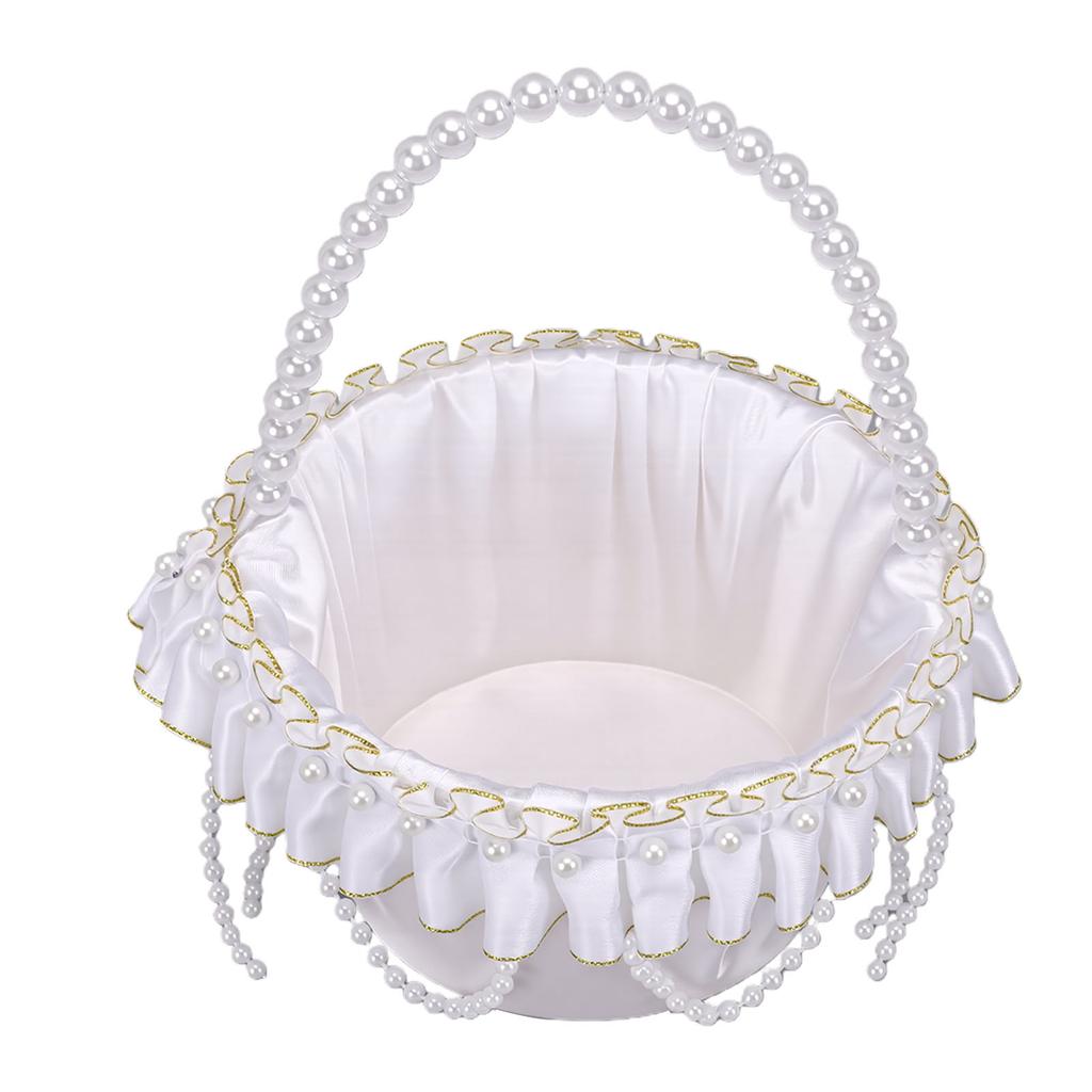Hochzeit Blumenmädchen Korb mit Perlenhenkel Satin Blume Aufbewahrungskorb für Party Haus Dekoration Weiß
