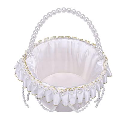 Hochzeit Blumenmädchen Korb mit Perlenhenkel Satin Blume Aufbewahrungskorb für Party Haus Dekoration Weiß