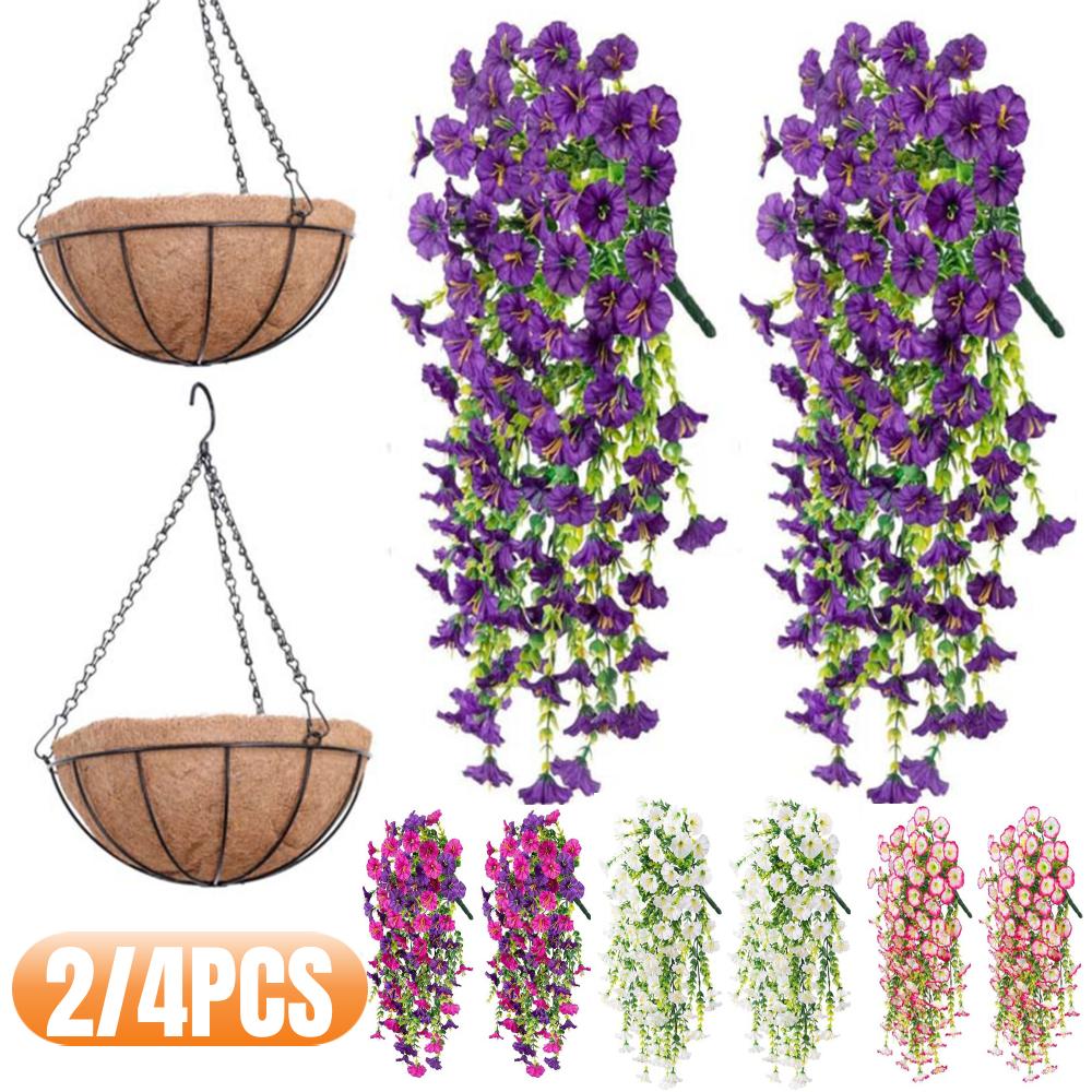 2/4Pcs UV-Resistant Artificial Flowers Morning Glory Eucalyptus Hanging Flower Plants Wedding Home Outdoor Garden Decoration