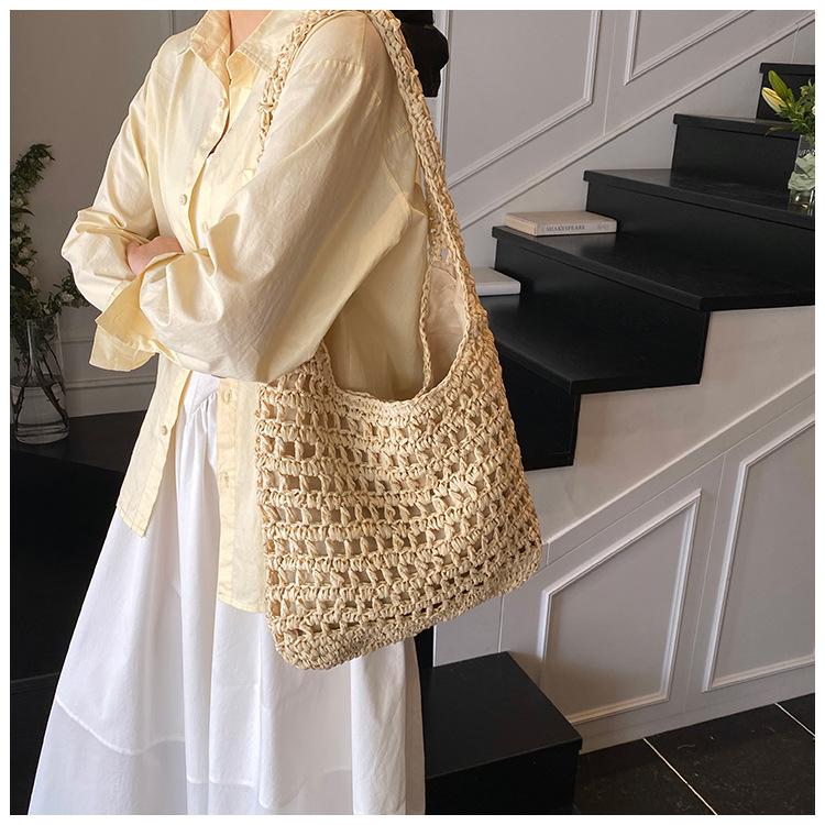 Large Capacity Shoulder Straw Bag New Hollow Tote Hand Straw Bag Woven Bag Seaside Vacation Beach Bag