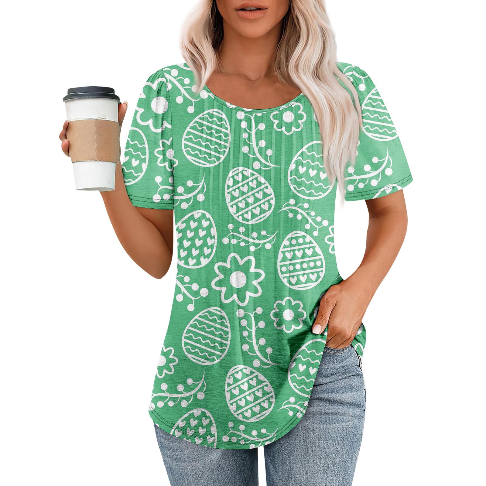 

Ladies Easter Printed Casual Pleated Round Short Sleeved T-shirt Top XXXL зелений