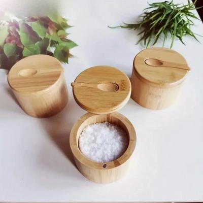 Ensemble de pots de rangement pour assaisonnements en bambou Pot à sucre en bois avec couvercle Support anti-humidité Pot à épices sel et poivre Bol Réutilisable