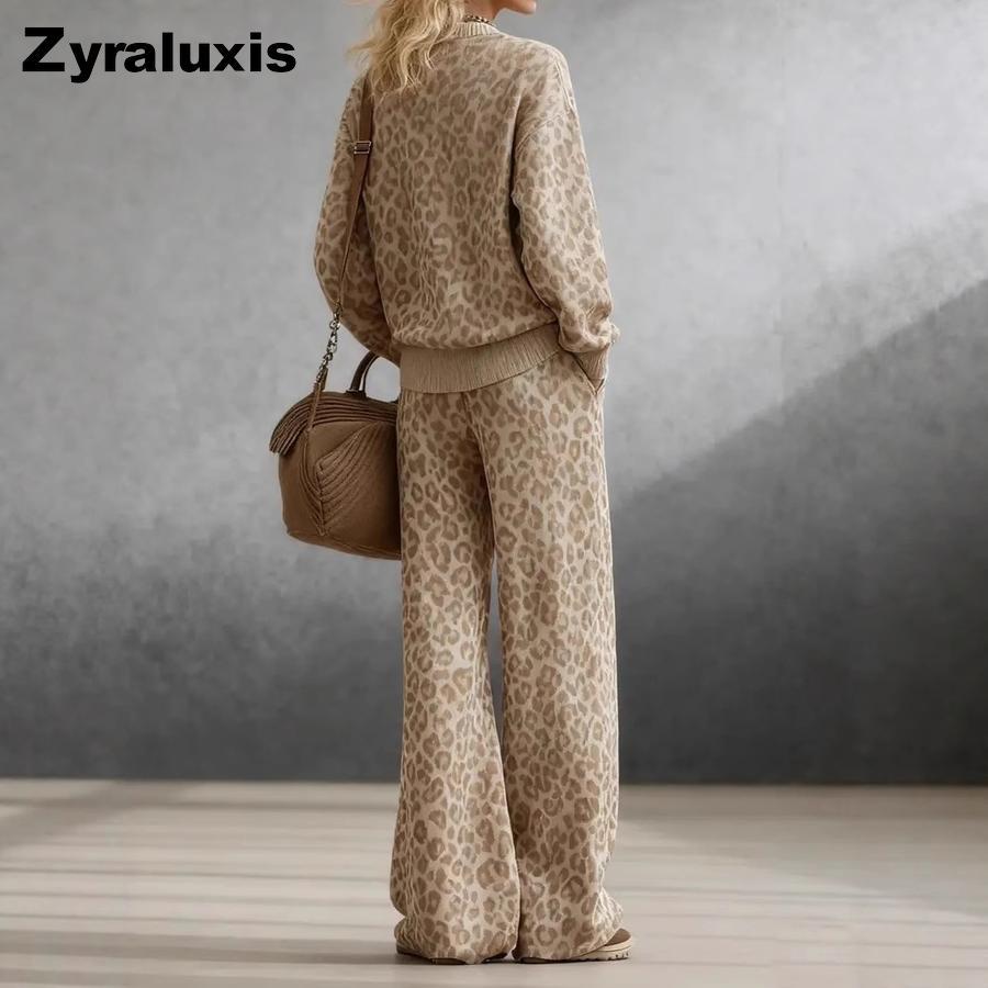 Autumn Brown Leopard Print Set Long Sleeve Slim Fit Sweatshirt Vintage Casual Pants Women
