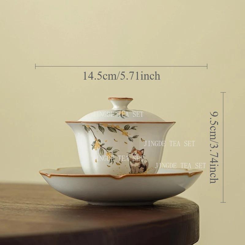 Ceramic Beige Ru Kiln Three Piece Lid Bowl Single Anti Scald with Lid Tea Making Bowl Tea Cups Gaiwan Set Gaiwan for Tea