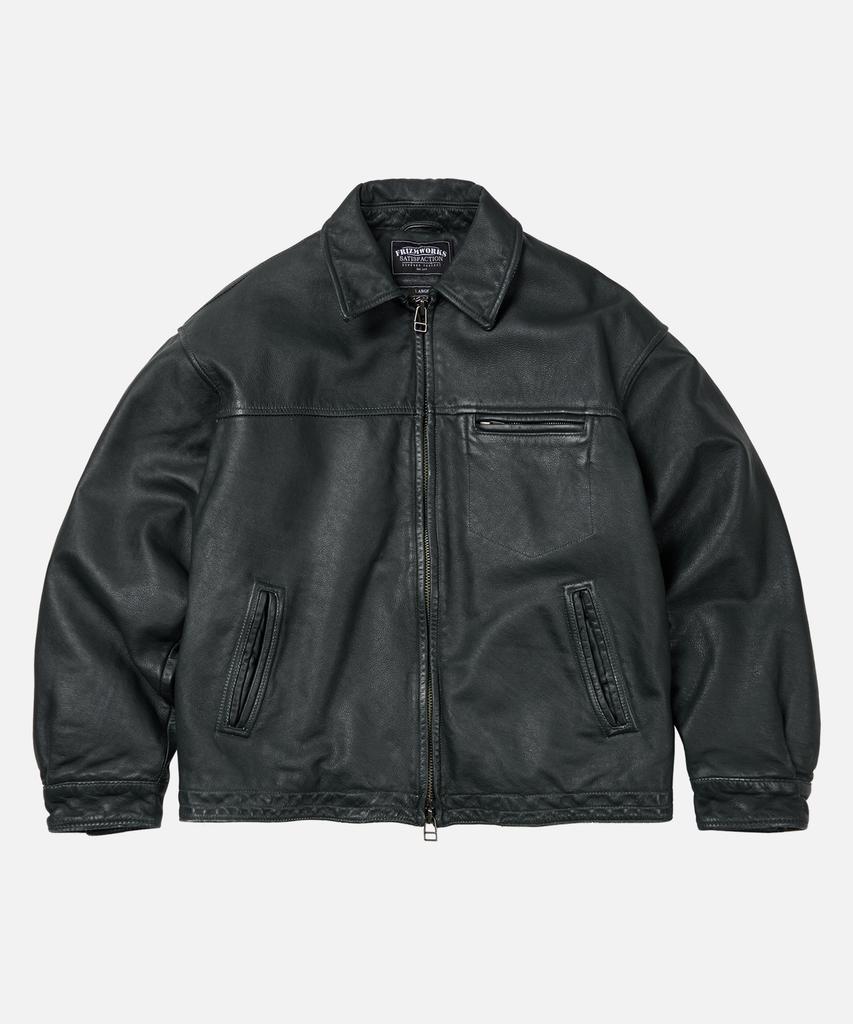 Frizmworks Destroyed Cowhide Leather Jacket _ Washed Olive