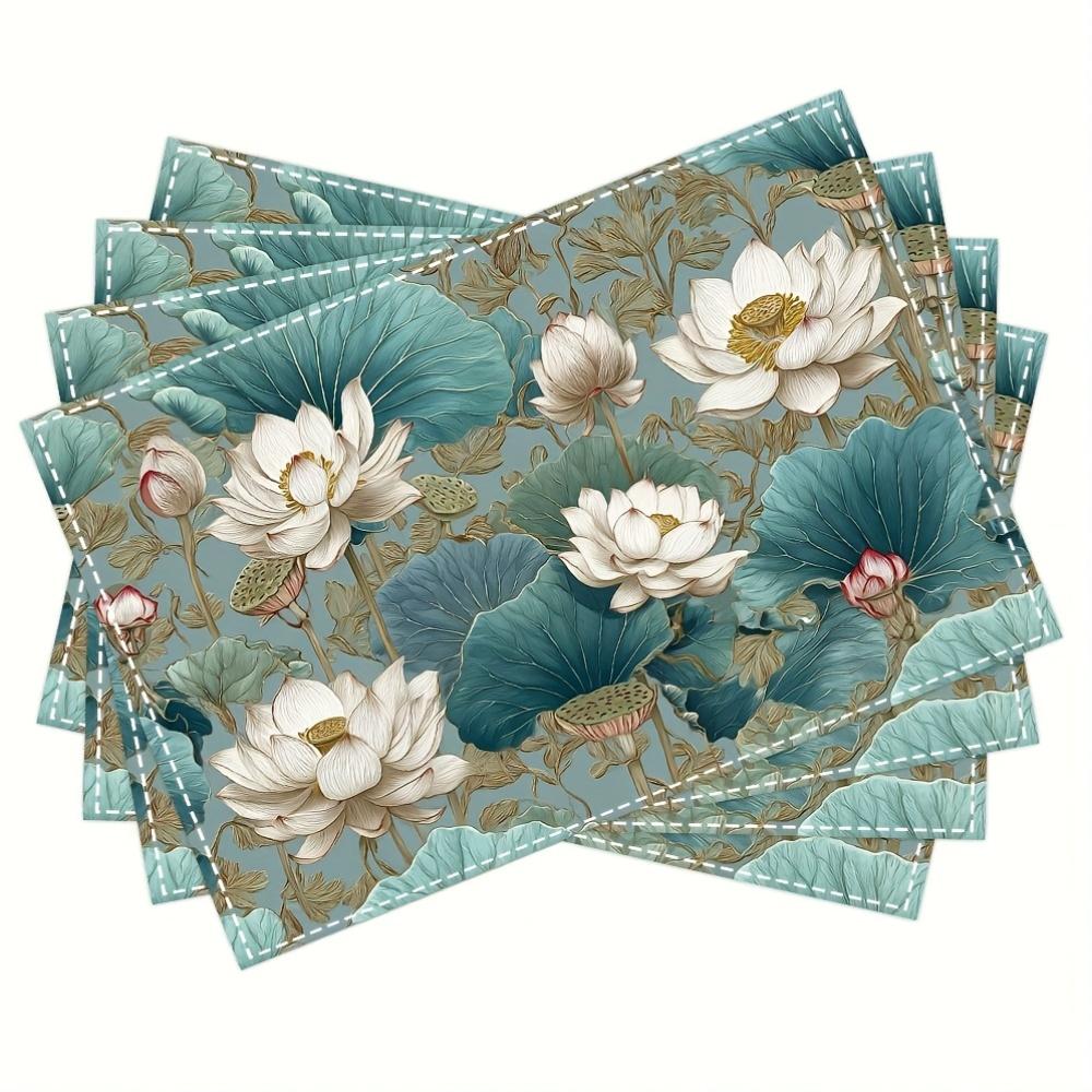 

Lotus Leaf Placemats Set Of 4 Chinese Style Floral Table Mats Washable Heat Resistant Linen Blend Dining Decor For Home Kitchen 4PCS
