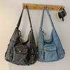 Denim Square Backpack Women Large Capacity Shoulder Bag Travel Tote With Zip Stitched Detail