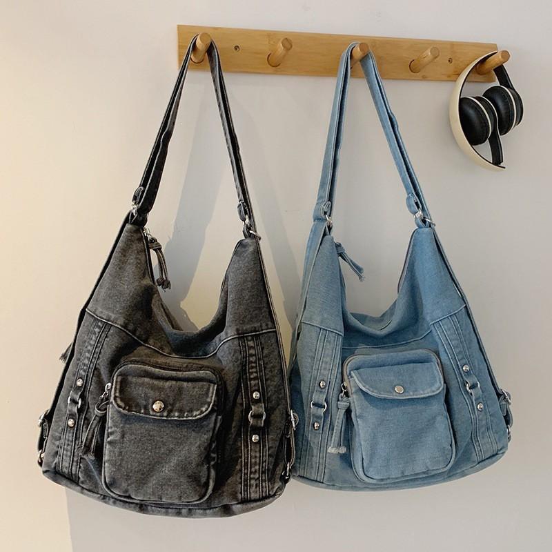 Denim Square Backpack Women Large Capacity Shoulder Bag Travel Tote With Zip Stitched Detail