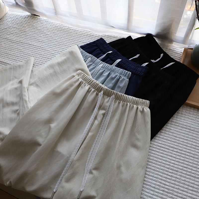 

[Bi Zheng] 2025 Spring/Summer Women s Korean Style Elastic Waist Lace Drawstring Wide-Leg Pants One Size