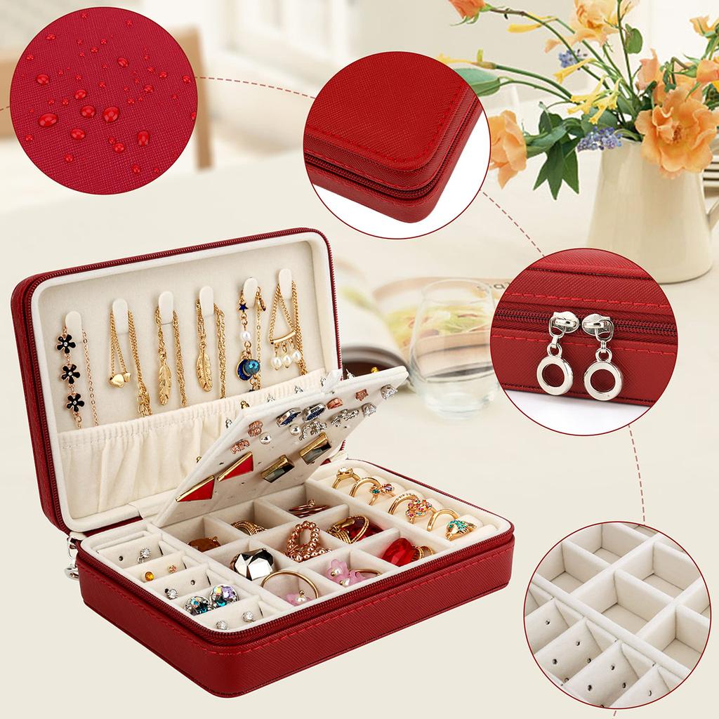 Jewelry Box for Girls Women Small Faux Leather Travel Jewelry Case with Zippers Jewelry Organizer for Rings Earrings Necklace