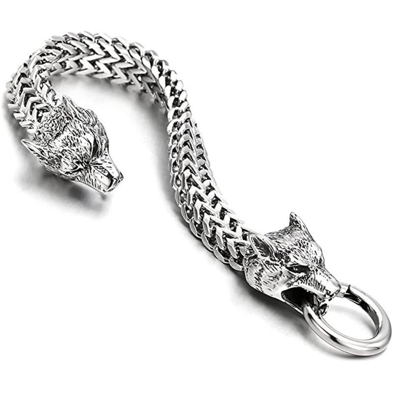 Viking Wolf Head Bracelet for Men Stainless Steel Chain Link Retro Handmade Jewelry Gift