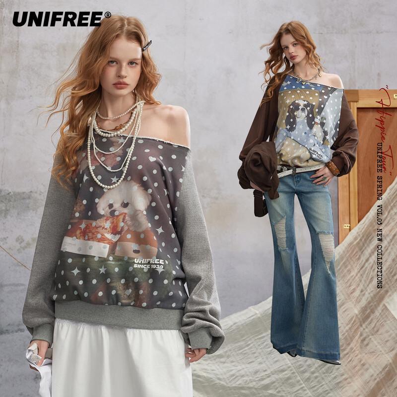 UNIFREE Retro Pet Print Off-Shoulder Sweatshirt M