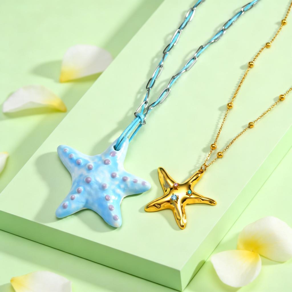 Exaggerated Starfish Pendant Necklace for Women Unique Blue Star Necklaces Dainty Beach Jewelry Gifts