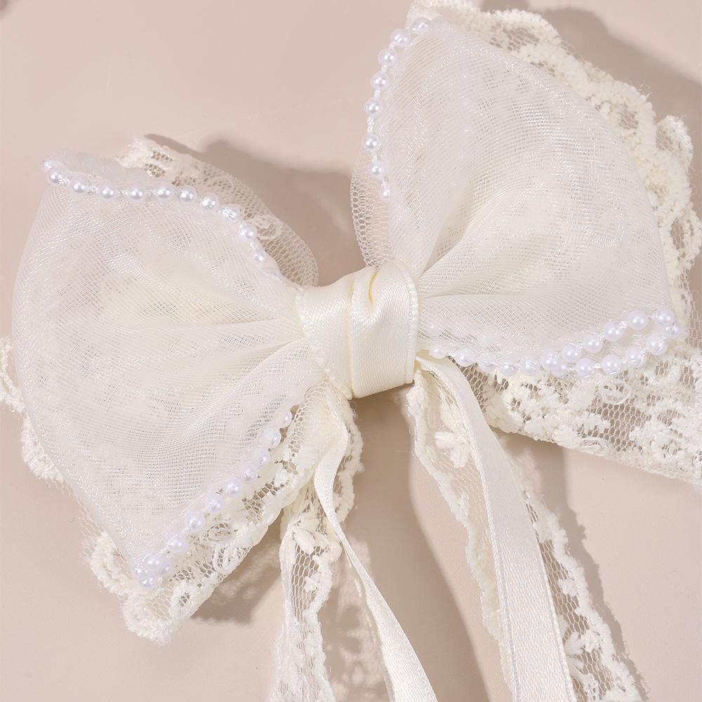 2 Stück Beige Spitze Schleife Haarspangen Mit Langem Band Elegante Perlenbesetzte Chiffon Schleife Barette Für Mädchen Frauen Haarschmuck