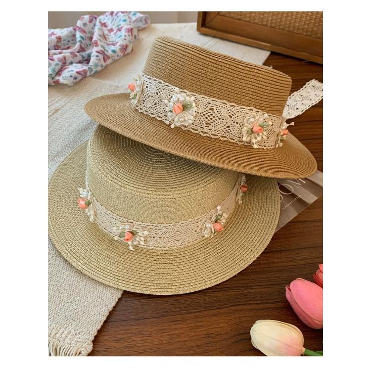 Butterfly Knot Flat Top Straw Hat for Women's Summer New Flower Lace Hat for Beach Shading and Sun Protection Straw Woven Hat
