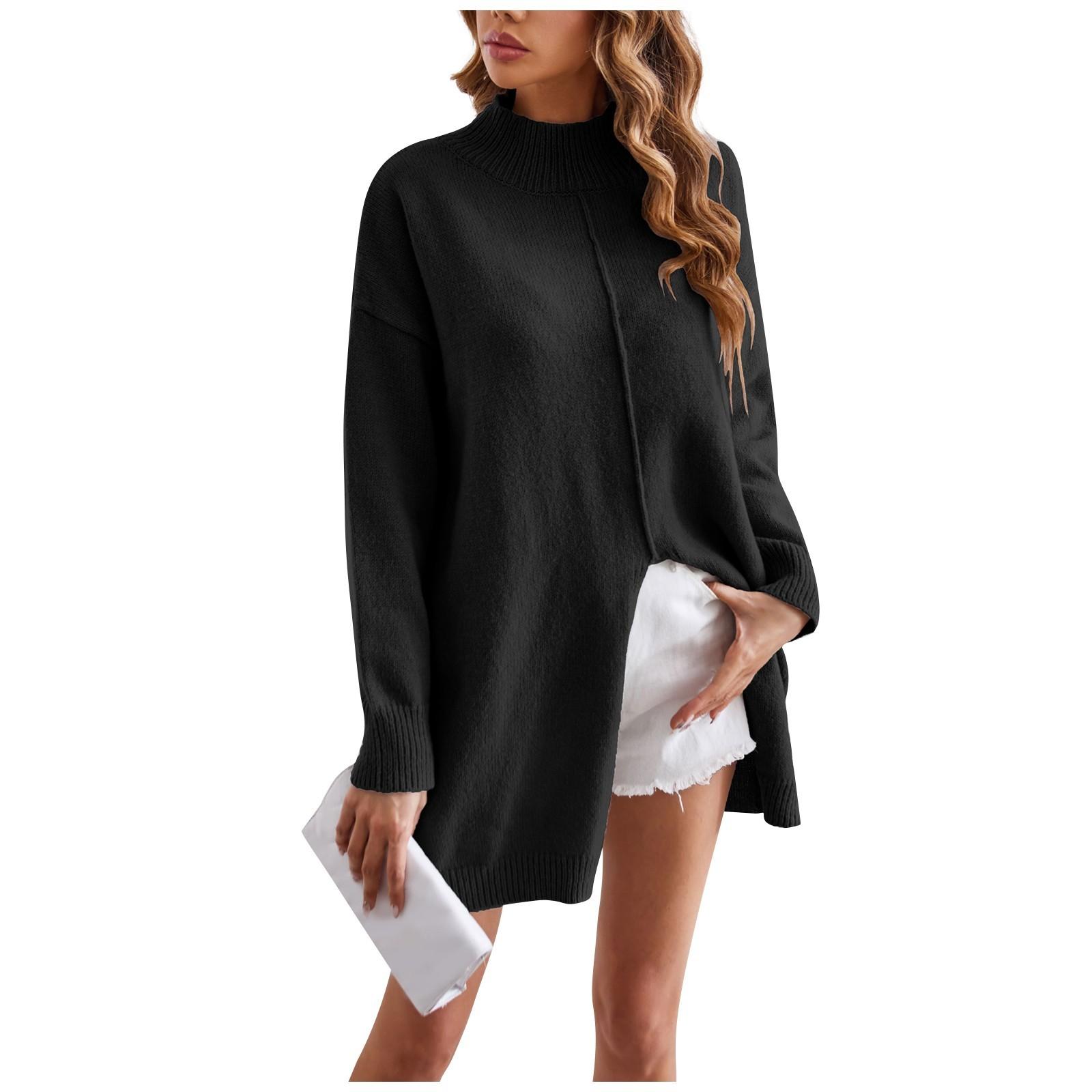 

Женский новый однотонный свитер с полуводолазкой, модный и удобный топ средней длины с разрезом XL чёрный