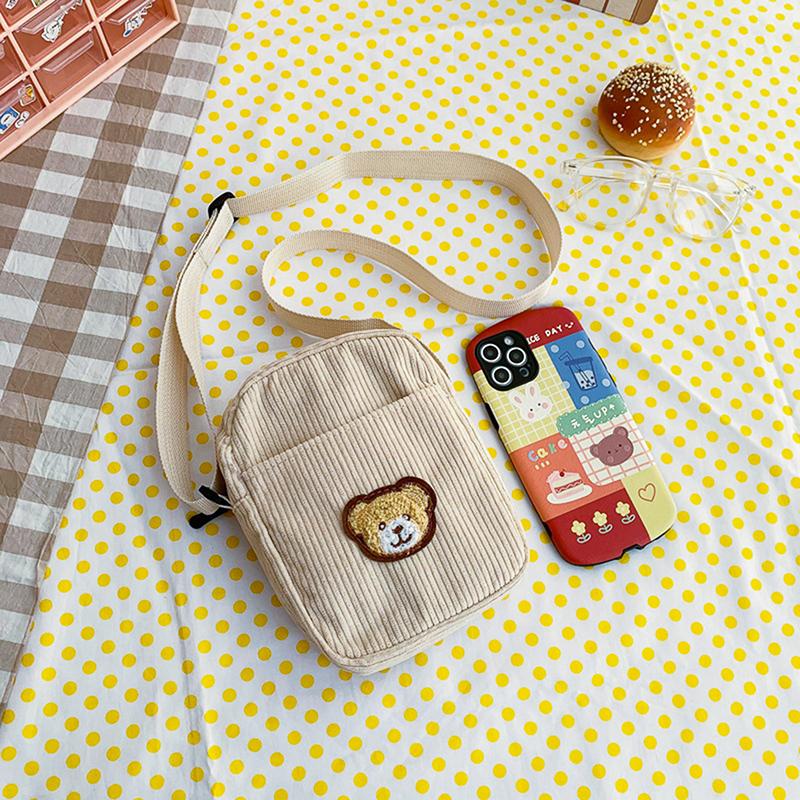 Portable Corduroy Bear Phone Crossbody Bag Mobile Phone Coin Purse Fashionable Cross Small Bag Corduroy Mini Bag