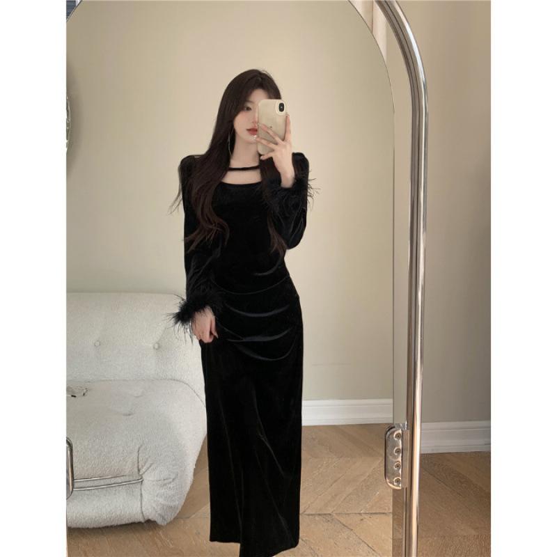 Early autumn black golden velvet dress, new women s clothing, spring and autumn high-end waist and long dress S