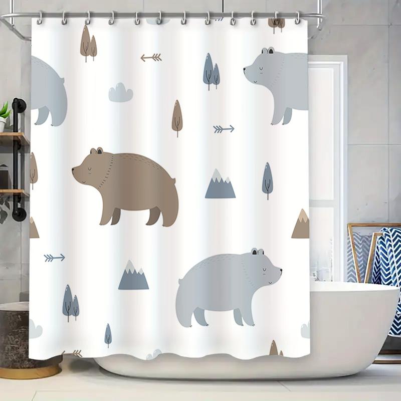 

Adorable Animal Print Shower Curtain Set Bears Mountains In Gray Palette For Bathroom Decor! W60H190(CM)-1 Pcs