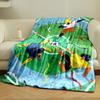 Three abstract figures on a soccer field surround the ball with colorful confetti. for all seasons blanket lunch break throw gift