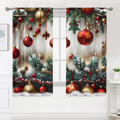 2 Pieces, Christmas Tree Green Leaf Pine Ball Curtains -30% Blackout - Suitable for Living Room, Bedroom, Kitchen, Home Decorati