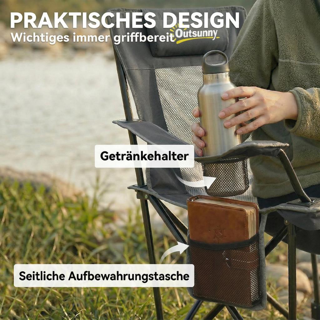 Set of 2 Camping Chairs Foldable Fishing Chair with Adjustable Backrest, Footrest, Cup Holder, Headrest, Dark Grey